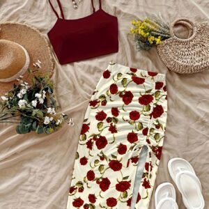 Thin Strap Camisole Top and Floral Print Slit Skirt Set Casual Two-Piece Outfit Gavin