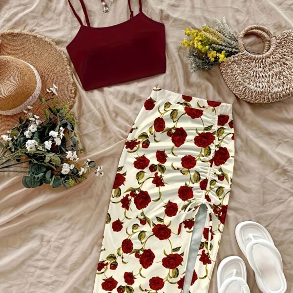 Thin Strap Camisole Top and Floral Print Slit Skirt Set Casual Two-Piece Outfit Gavin