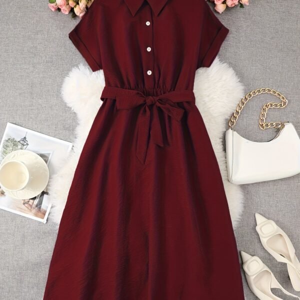 Fashion Batwing Loose Large Swing Dress, Women's Casual Belted Lapel Midi Dress
