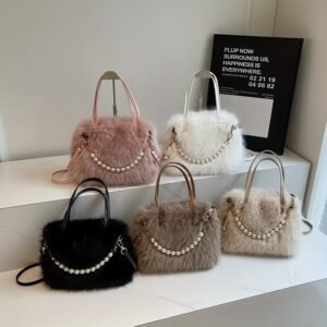 Women'S Backpack Fashion Faux Fur Crossbody Bag with Pearl Embellishments - Women'S Soft Plush Shoulder Bag, Available in Deep Pink/White/Black