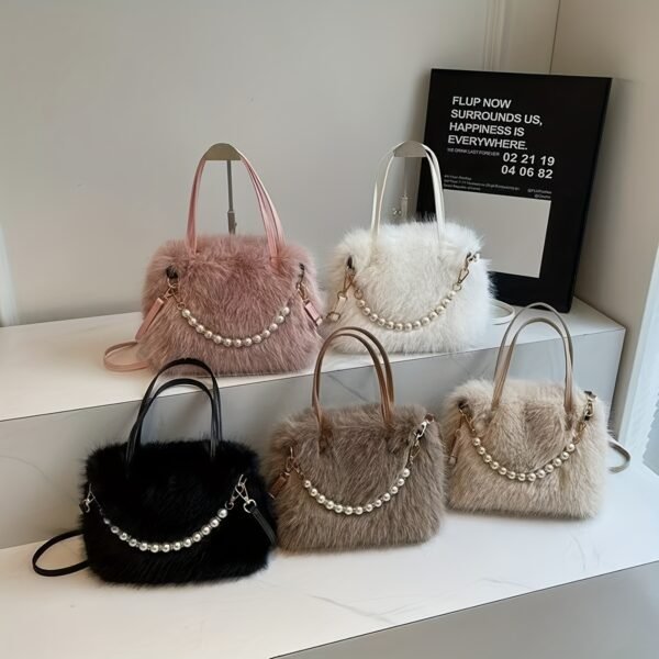 Women'S Backpack Fashion Faux Fur Crossbody Bag with Pearl Embellishments - Women's Soft Plush Shoulder Bag Multi Color