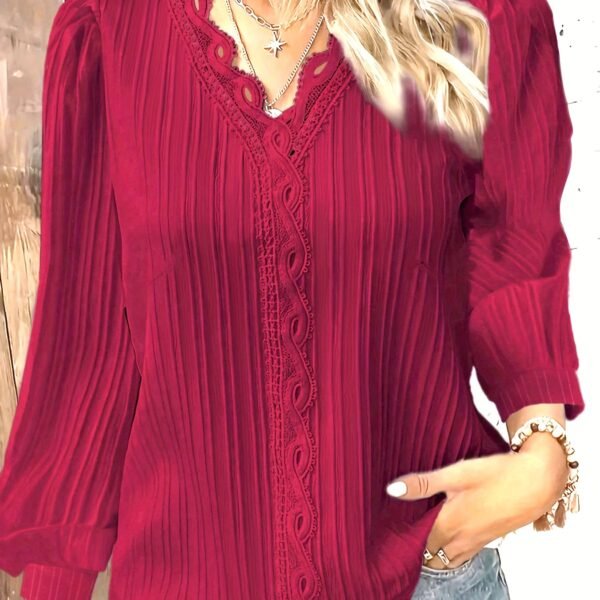 Lace Trim V-neck Blouse, Casual Long-sleeve Shirt for Spring and Autumn, Elegant Women's Style Blouse