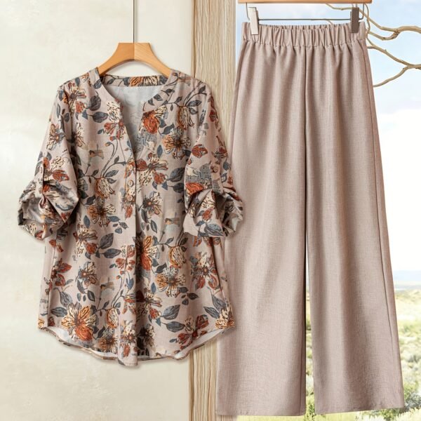 Women's 2pcs Set for Daily Casual Wear, Women's Casual Floral Button-Detail Top