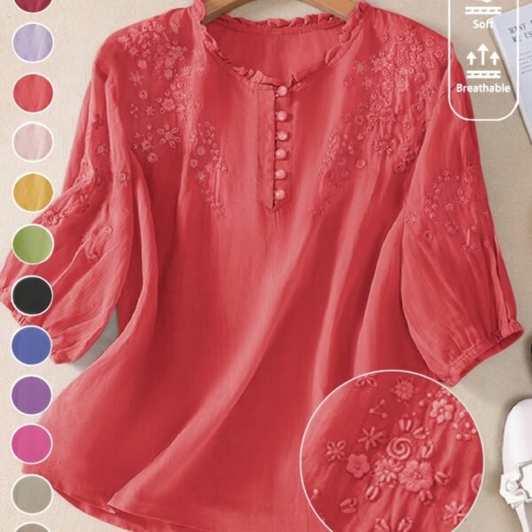 Women's Spring/Autumn Embroidered Loose Fit Casual Artistic Vintage Mid-Sleeve Shirt Top DP042772