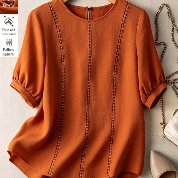 Women's Summer Top, Orange Summer Blouse, Summer Vacation Women's Casual Shirt, Orange Women's Puff Sleeve Blouse, Loose H-Line Round Neck Women's Shirt, Lace-Trimmed Dyed Patchwork Women's Blouse, Women's Orange Top, Suitable for Outings