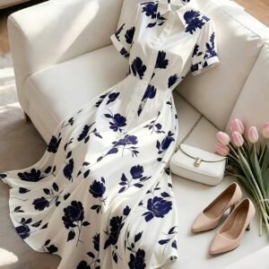 Women's Elegant Shirt Collar Short Sleeve Midi Dress (No Belt)