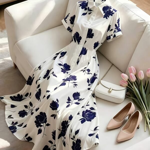 Elegant shirt collar midi dress with short sleeves for timeless everyday style, offering comfort, versatility, effortless elegance, and all-day confidence.