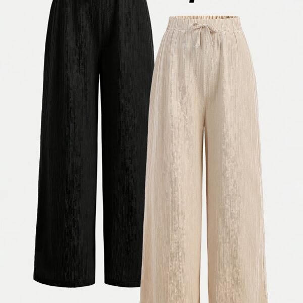 2pcs Women's Loose Wide-Leg Pants Set, Solid Color Elegant Casual Tie-Waist Trousers