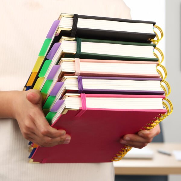 A5 Coil Spiral Notebook - 300-page Hardcover PU Notebook, 100GSM Thick Paper, Vintage Style, Ruled Lines, Pink Faux Leather Cover, Suitable for Work, School, and University ning, Notebook and Diary with Removable Dividers and Tabs, 5-Subject